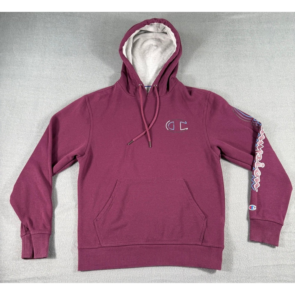 Champion Hoodie Sweatshirt Maroon Logo Graphic Arm Pullover Unisex S Athleisure